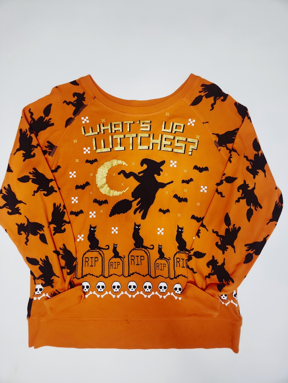 What's Up Witches Halloween Sweatshirt Orange & Black Extra Large - Picture 1 of 2